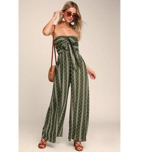 Lulus Raine Olive Green Print Strapless Flare Leg Summer Jumpsuit P1831